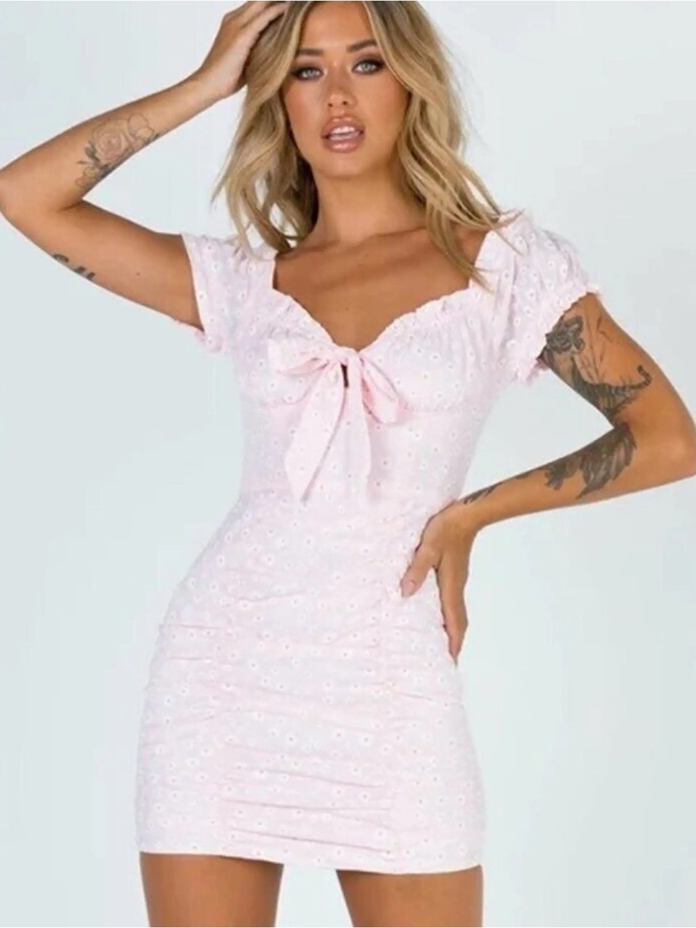 Princess Polly Pale Pink Eyelet Tie-Front Mini Dress